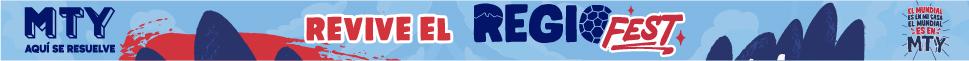 Banner for MTY RegioFest Revive el Regio Fest with bold redblue typography and colorful wavessilhouettes in blue and red   Informe Regio