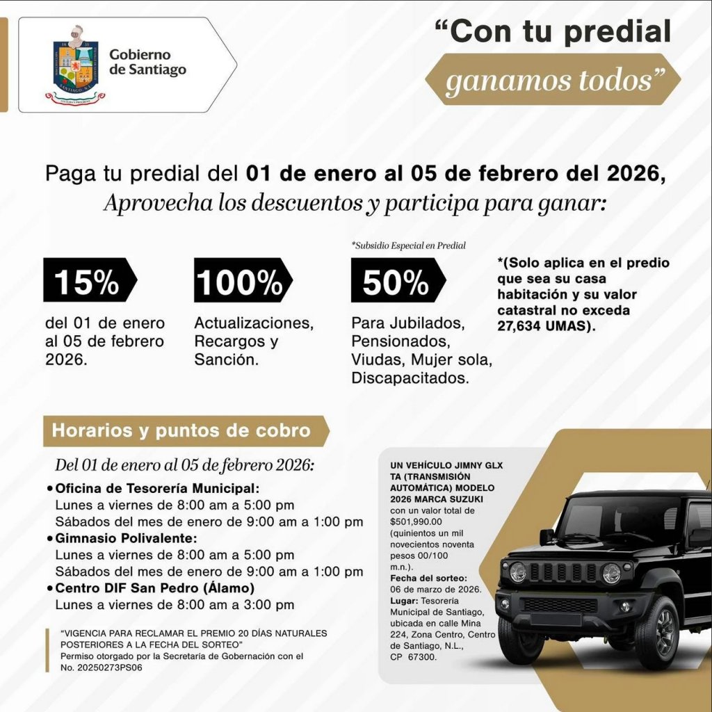 Predial En Santiago descuentos predial sorteo vehiculo contribuyentes cumplidos tesoreria municipal