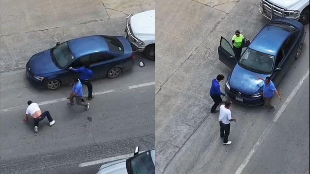 Security cam view of a blue car stopped in a street with several men nearby one man is on the ground while others approach   Informe Regio