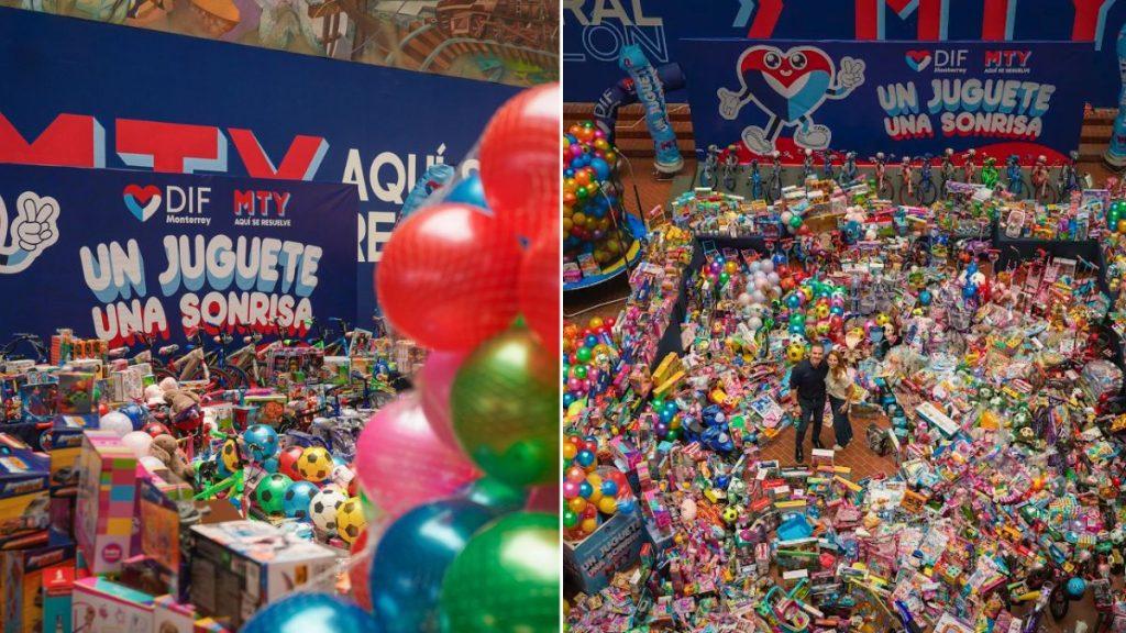 Two photos of a charity toy drive banners read Un Juguete Una Sonrisa as colorful piles of donated toys fill the room   Informe Regio