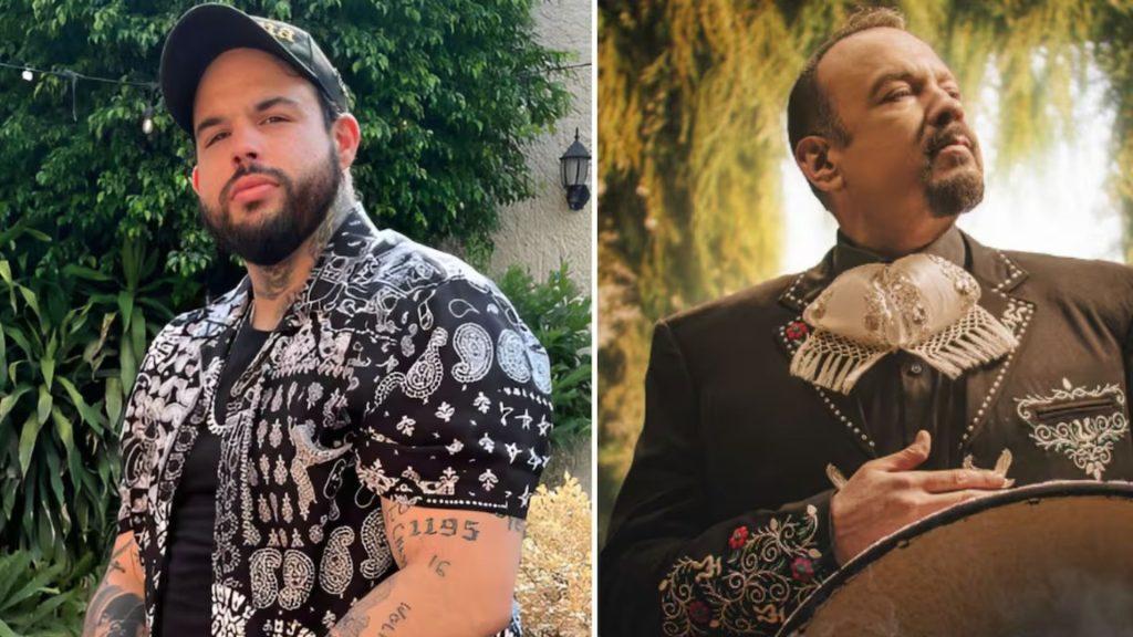 Imágen dividida en dos fotografías donde vemos a Emiliano Aguilar en el lado izquierdo y a Pépe Aguilar en el lado derecho usando un traje de mariachi