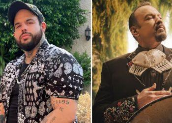 Imágen dividida en dos fotografías donde vemos a Emiliano Aguilar en el lado izquierdo y a Pépe Aguilar en el lado derecho usando un traje de mariachi