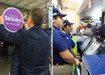 Two panel image left shows a man in a checkered suit sticking a purple circular Punto Seguro sign on a glass surface right shows staff at a service counter with touch screen kiosks assisting customers   Informe Regio