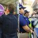Two panel image left shows a man in a checkered suit sticking a purple circular Punto Seguro sign on a glass surface right shows staff at a service counter with touch screen kiosks assisting customers   Informe Regio