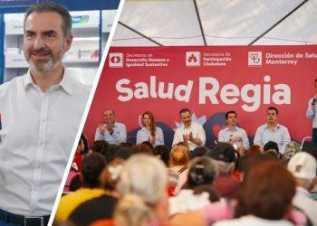 Split image man in a white shirt in a store holding a red card on the right speakers on a stage with a red Salud Regia backdrop and a crowded audience   Informe Regio