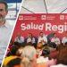 Split image man in a white shirt in a store holding a red card on the right speakers on a stage with a red Salud Regia backdrop and a crowded audience   Informe Regio