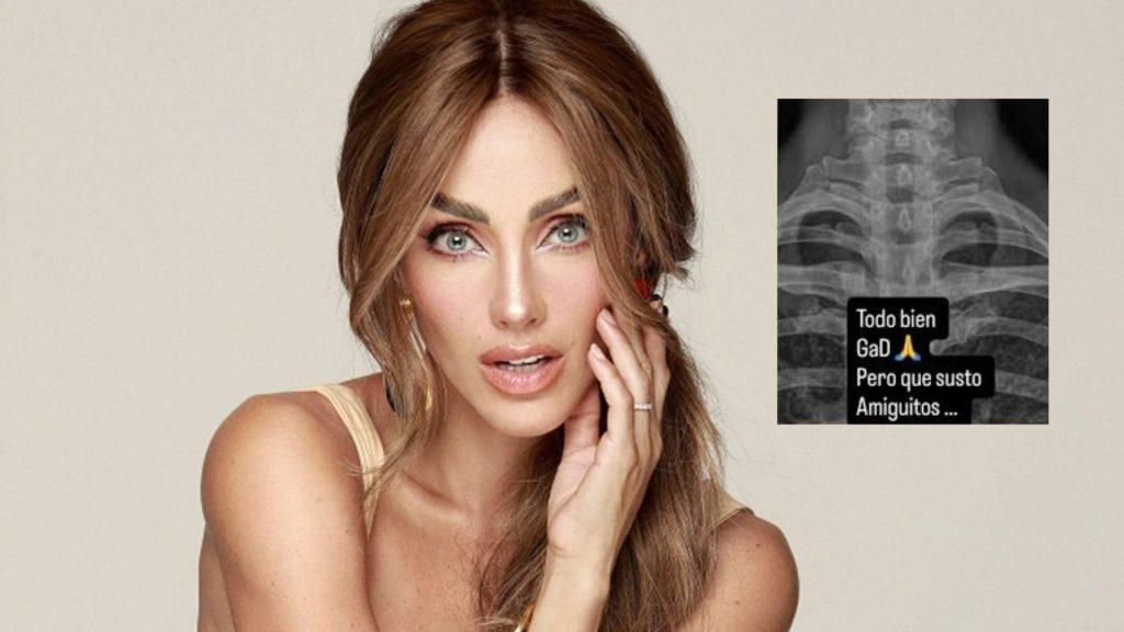 Portrait of a woman with brown hair touching her face on the right a grayscale chest X ray with Spanish text overlay about being fine but startled   Informe Regio