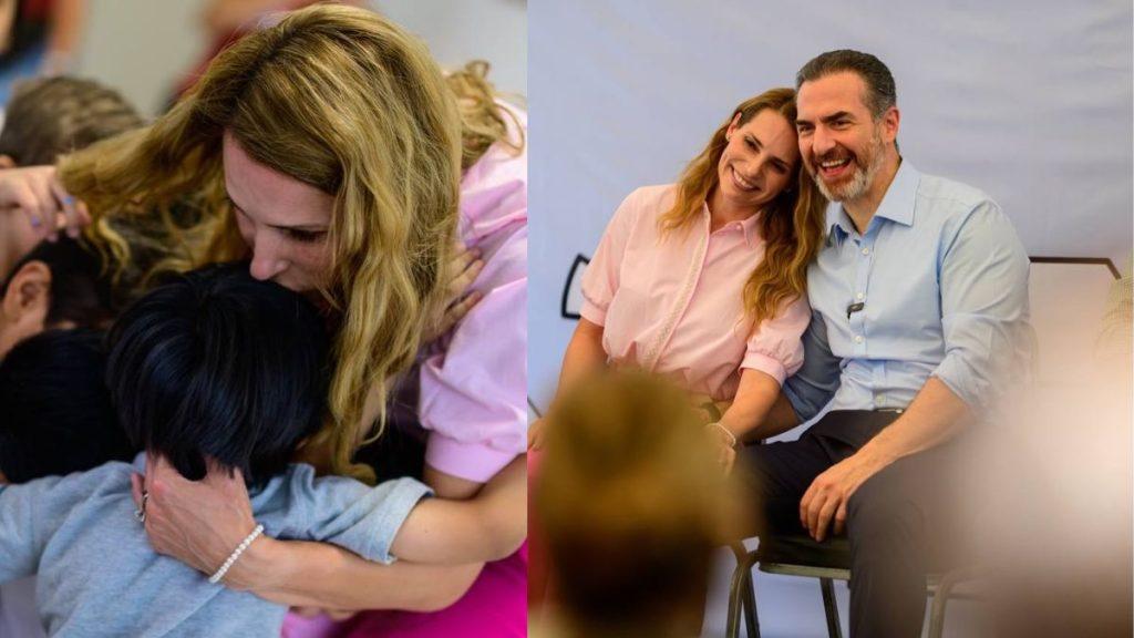 Left panel shows a woman in pink embracing and comforting a child with a hug Right panel shows a smiling couple seated on stage during a discussion or talk event   Informe Regio