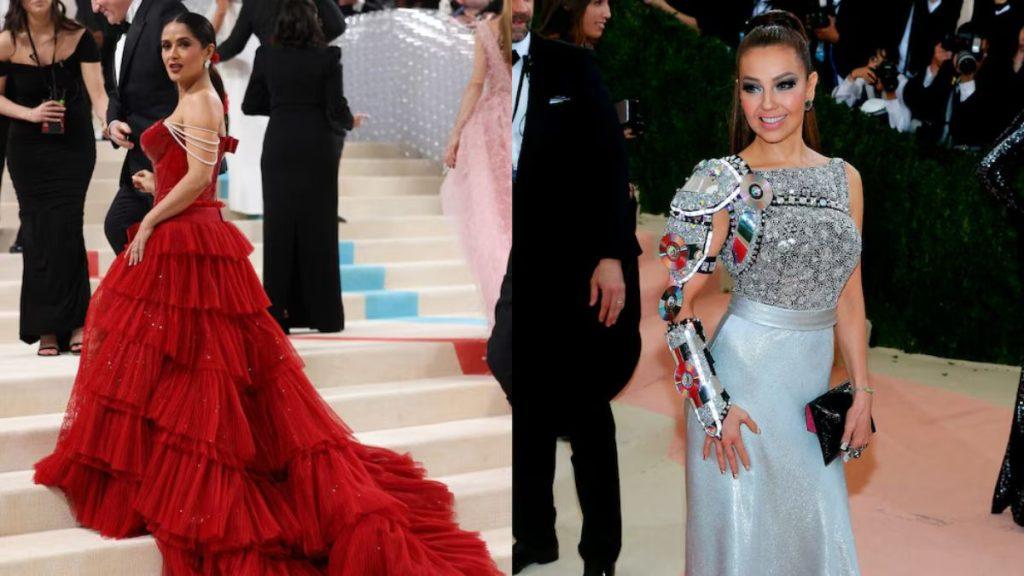 Split image of a formal red carpet moment left shows a woman in a voluminous red tiered gown descending a beige staircase right shows a woman in a silver glitter one shoulder gown with a metallic arm accessory posing on a pink carpet   Informe Regio