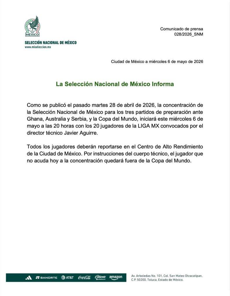 Comunicado de prensa de la Selección Nacional de México anunciando concentración para la Copa del Mundo 2026   Informe Regio