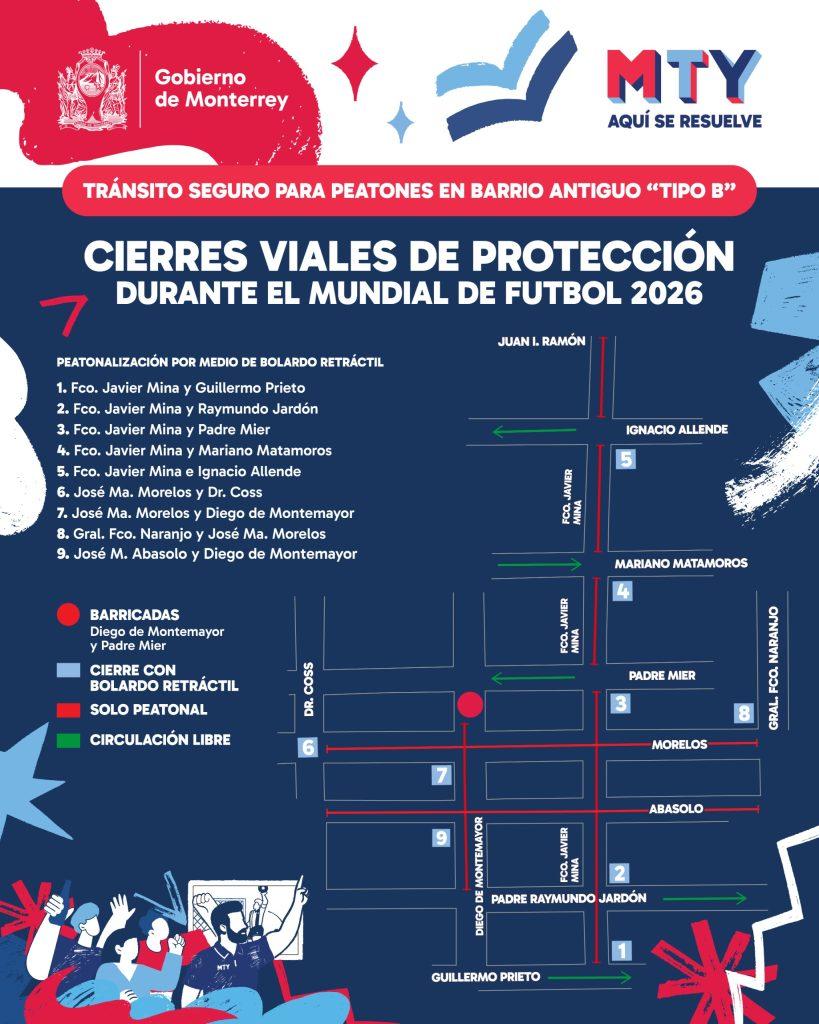 Barrio-antiguo-cierre-vial-monterrey-fifa-2026 - Informe Regio Infographic poster showing street closures for the 2026 World Cup in Monterrey with map legend and title in Spanish Informe Regio