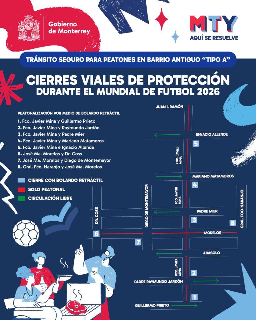 Barrio-antiguo-monterrey-cierres-viales-mundial-2026 - Informe Regio Mapa informativo de cierres viales para protección durante el Mundial 2026 con leyendas de color y nombres de calles y peatones señalados en verde rojo y azul Informe Regio