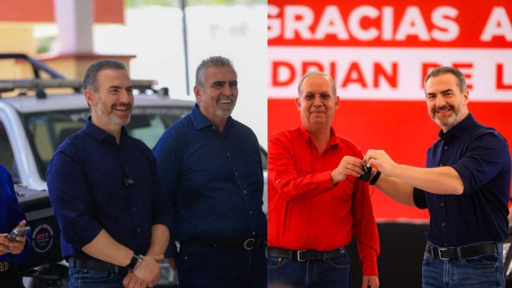 Split image On the left two men in navy blue shirts smile near a vehicle at an outdoor event On the right a man in a red shirt hands keys to the man in navy with a red backdrop   Informe Regio