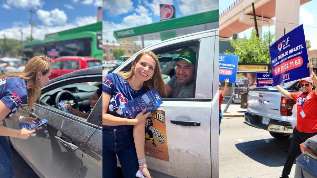 Three panel collage of volunteers in blue shirts handing out informational flyers to drivers at a street outreach event with DIF posters in the background   Informe Regio