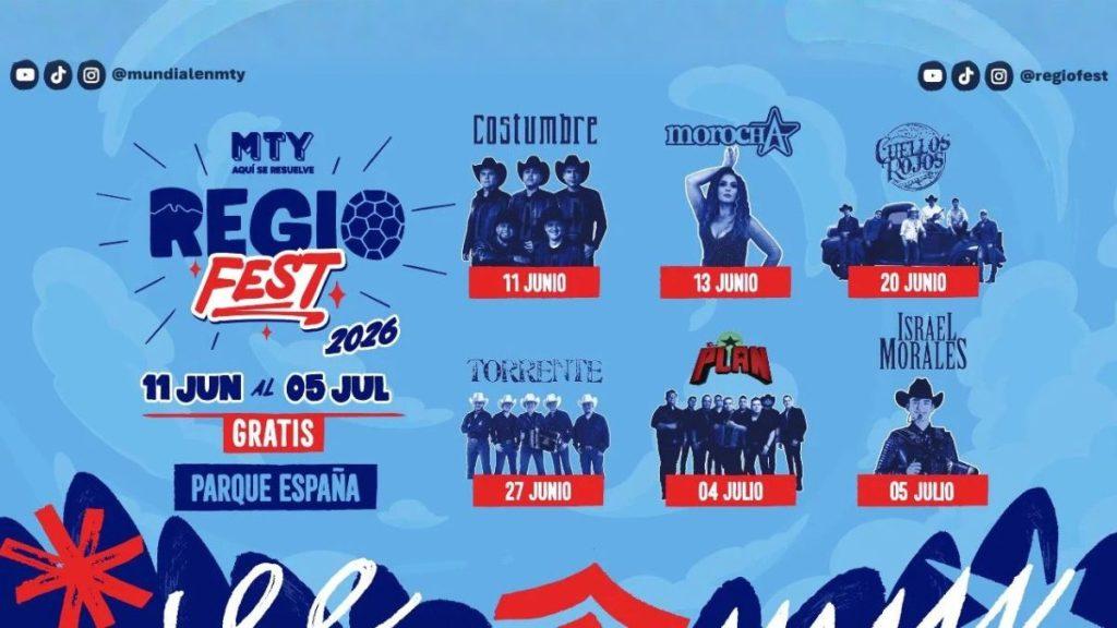 Blue REGI FEST 2026 poster announcing a free event at Parque España with lineup and dates 11 Jun5 Jul in red banners   Informe Regio