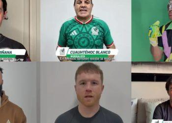 Famosos-anuncian-la-lista-de-la-seleccion-mexicana - Informe Regio Grid of eight people in a video call each in their own frame with captions in Spanish overlays on some frames Informe Regio