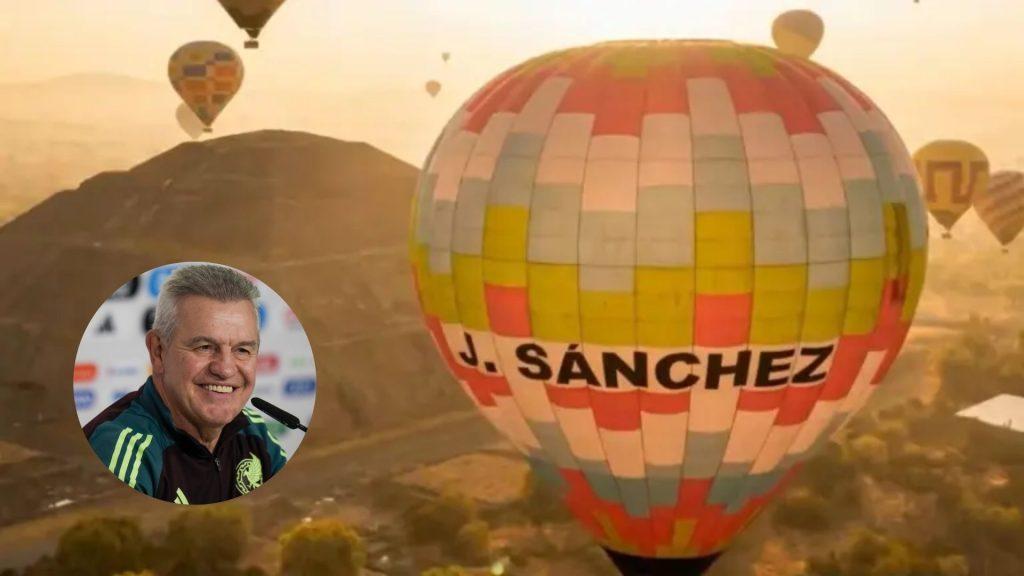Colorful patchwork hot air balloon labeled J Sánchez floating over a desert at sunset with a circular inset of a smiling man in the lower left corner   Informe Regio