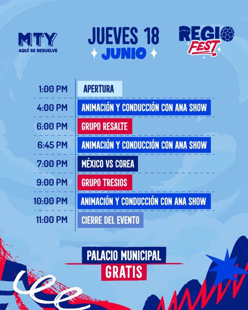 Mexico-vs-corea-del-sur-pantalla-grande - Informe Regio Event schedule poster for Jueves 18 Junio list of times and activities with color blocks Apertura Animación y conducción con Ana Show Grupo Resalte México vs Corea Grupo Tresios Cierre del evento Palacio Municipal Gratis Informe Regio