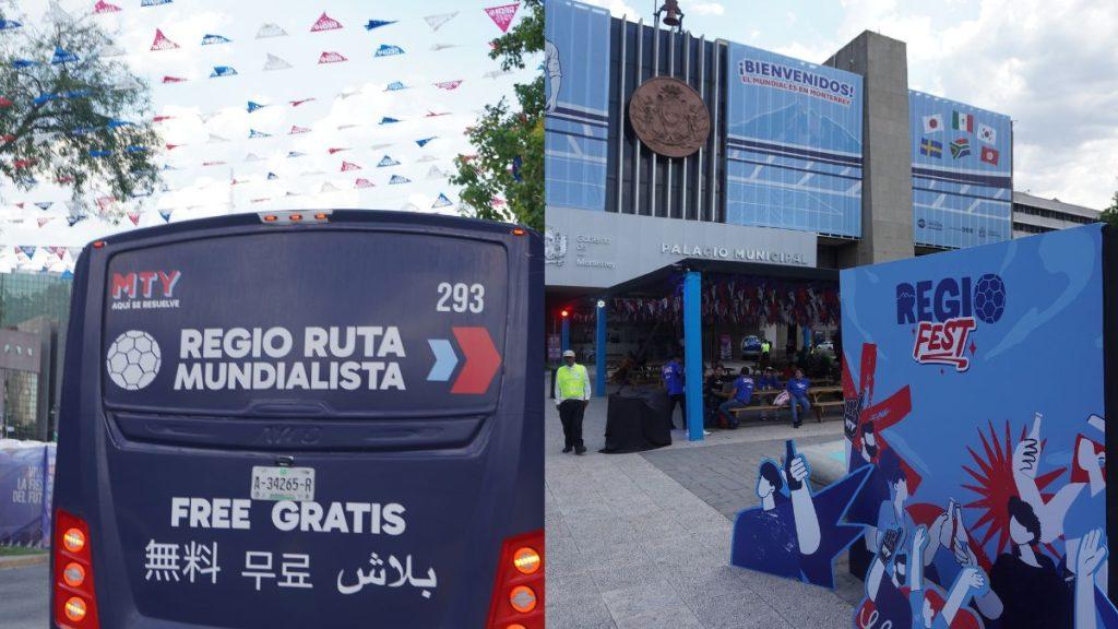 Blue bus with REGIO RUTA MUNDIALISTA and FREE GRATIS text flags overhead in a festival setting bus number 293 on the back   Informe Regio