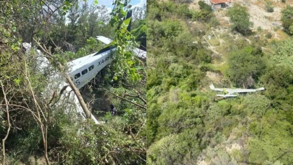 Avioneta-juarez-exreina-de-belleza-ingrid - Informe Regio Small white light aircraft crashed in dense trees on a hillside fuselage visible among branches Informe Regio