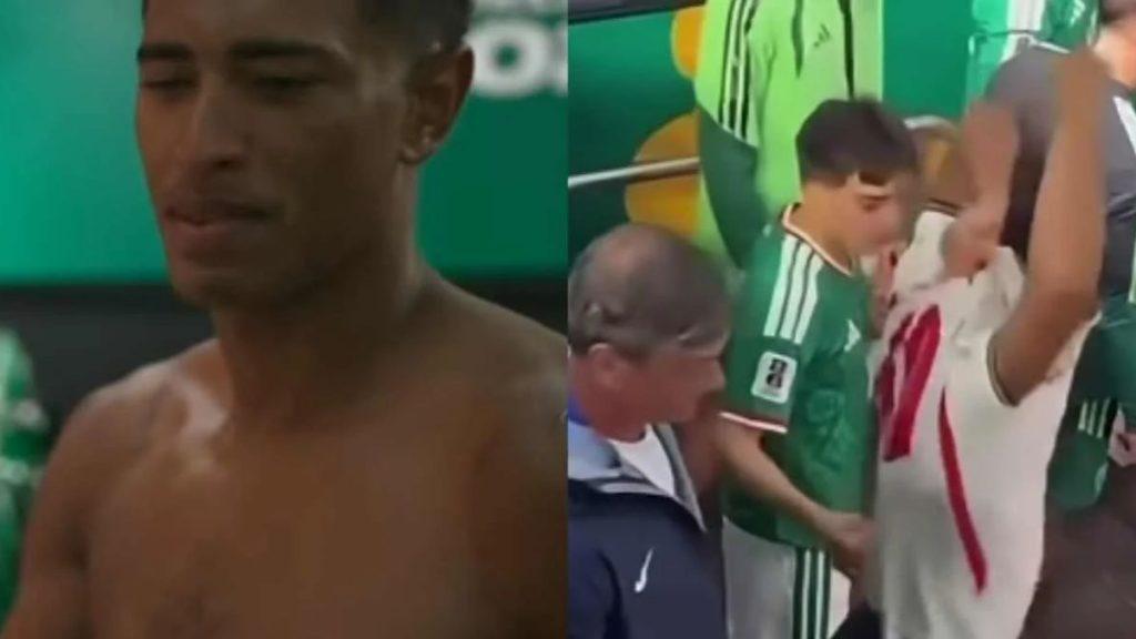 Split screen left shows a shirtless man with a focused expression in a locker room right shows teammates in green uniforms celebrating with raised arms   Informe Regio