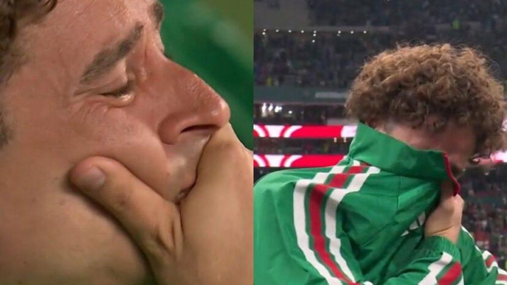 Split screen leftman crying with his hand over his mouth righta person in a green jacket covering their face at a stadium   Informe Regio