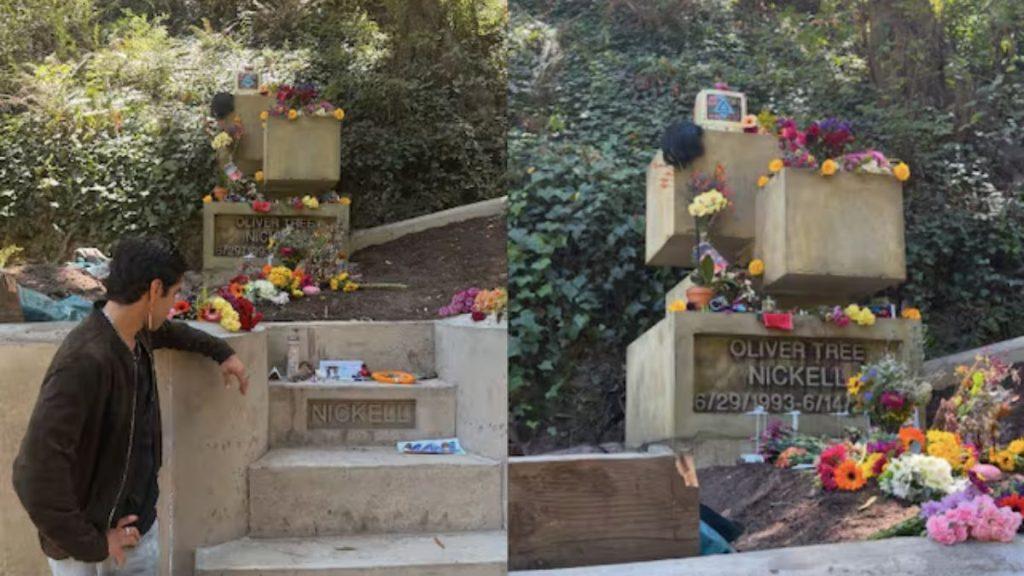 Two side by side views of a gravesite with a concrete tombstone reading Oliver Tree Nickell and colorful flowers while a man in a brown jacket stands nearby   Informe Regio