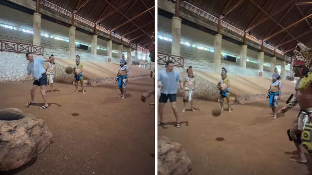Two panel scene a man in a gray shirt and shorts throws a ball in a sandy indoor arena while four costumed performers watch in headdresses and loincloths nearby   Informe Regio