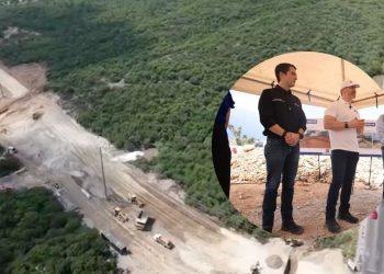 Aerial view of a forested hillside with a dirt road under construction inset shows three men in a briefing under a tent at the site   Informe Regio