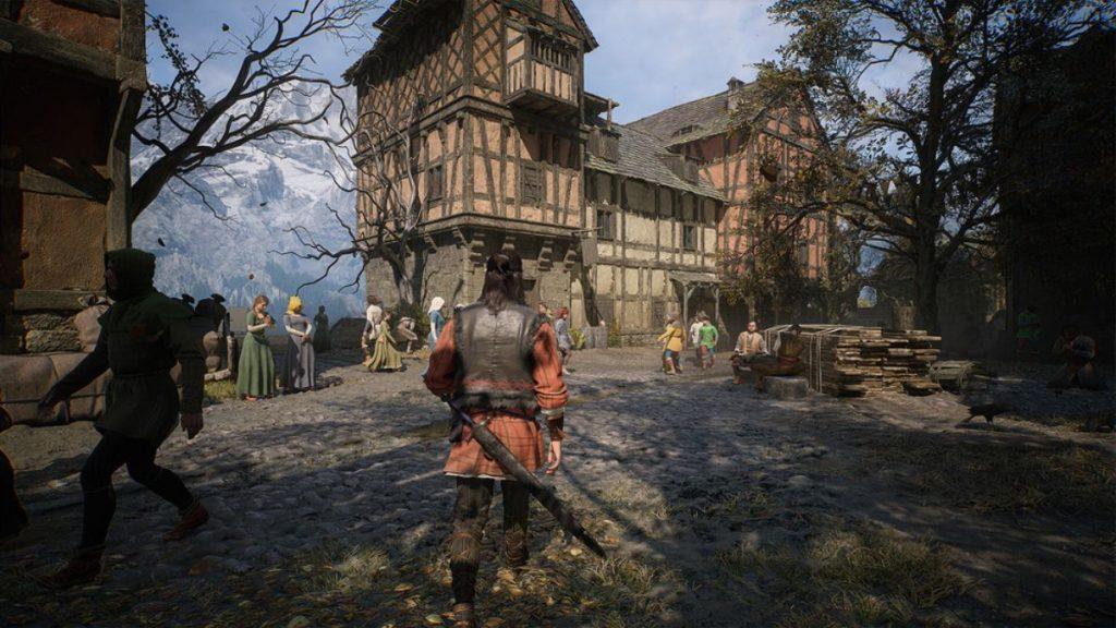 60fps-the-blood-of-dawnwalker - Informe Regio Player character in a red tunic with a sword on their back seen from behind walking through a medieval village square Informe Regio