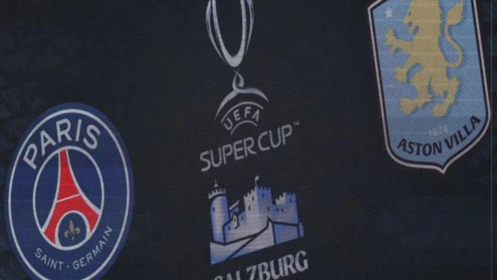 Supercopa-europa-aston - Informe Regio Collection of football club logos Paris Saint Germain Aston Villa Red Bull Salzburg and the UEFA Super Cup emblem on a dark background Informe Regio