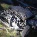 Front end of a severely crashed dark SUV on a grassy roadside at night with crumpled hood and exposed engine parts behind a yellow caution tape order of debris nearby   Informe Regio