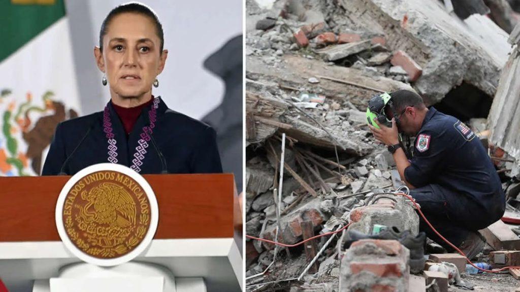 Side by side image a female official at a podium with the Mexican seal delivering a speech rubble visible at left edge   Informe Regio