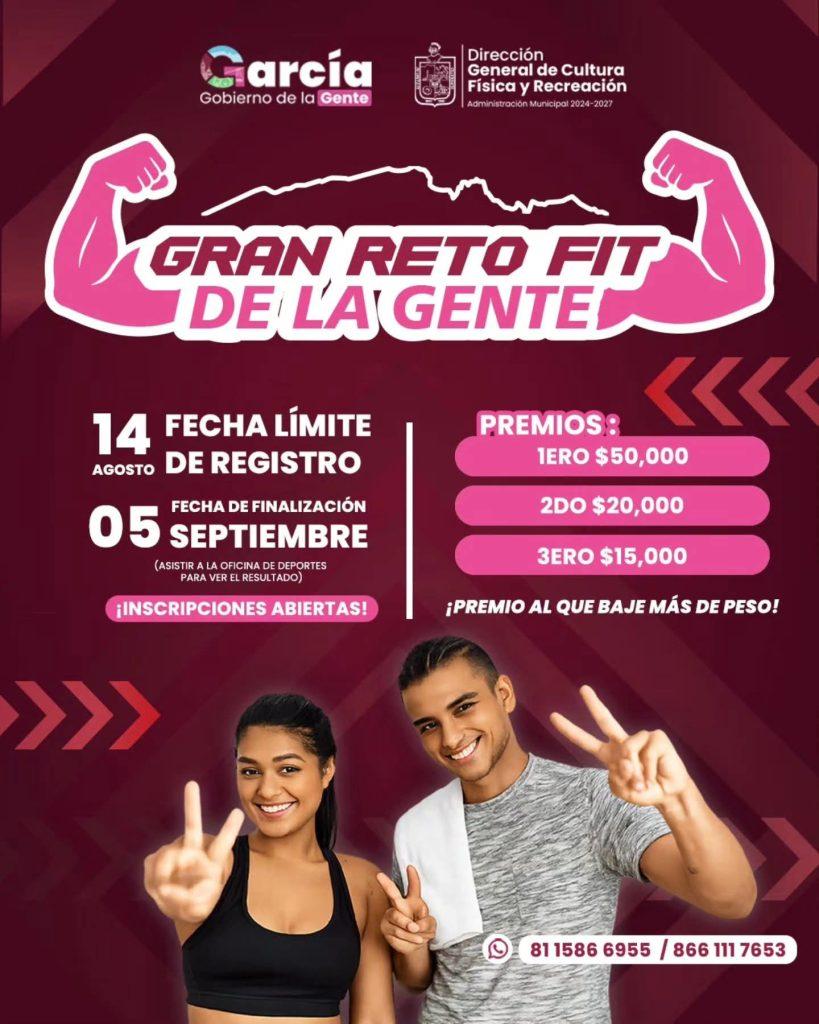 Poster for Gran Reto Fit de la Gente with two pink flexing arms and dates Aug 14Sep 5 prizes shown   Informe Regio