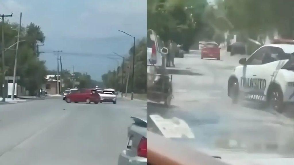 Two car collision on a suburban street a red car has spun and blocks the road while a white car approaches from behind smoke rising near the curb on a sunny day   Informe Regio