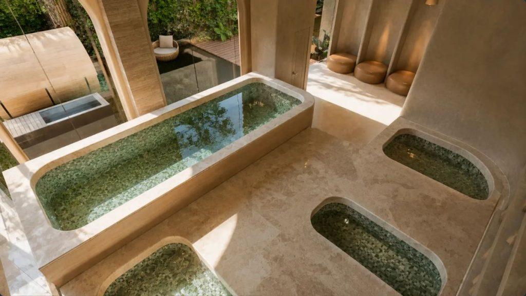 Luxurious indoor spa with a rectangular tiled soaking tub and three stone stools along the wall   Informe Regio