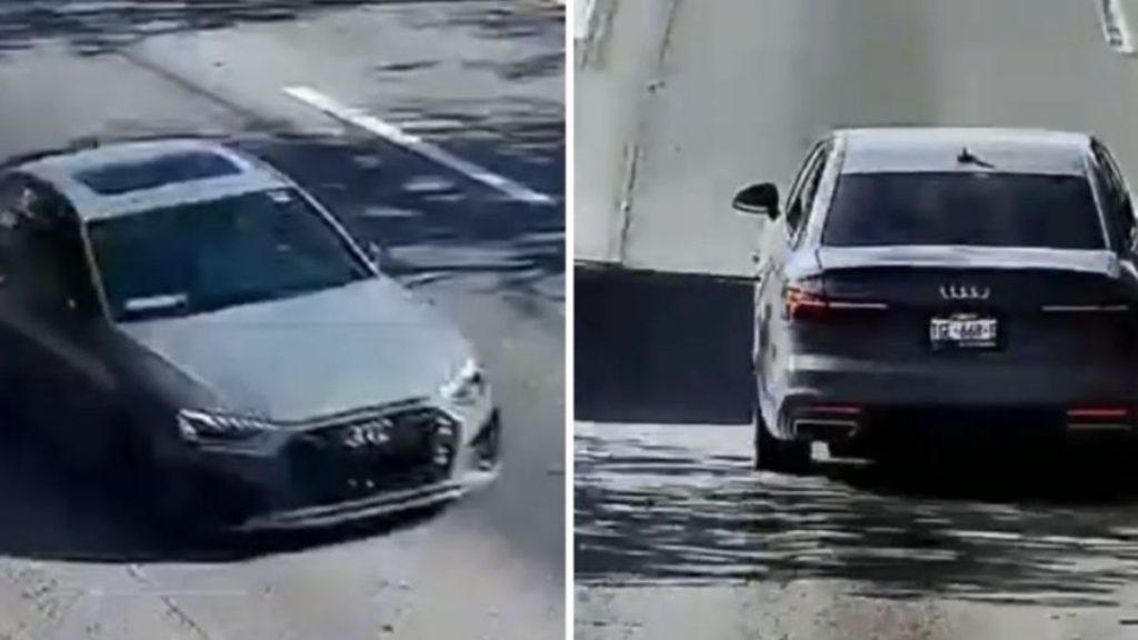 Two panel image of a gray Audi sedan front view approaching a wet intersection on the left rear view driving away on the right   Informe Regio