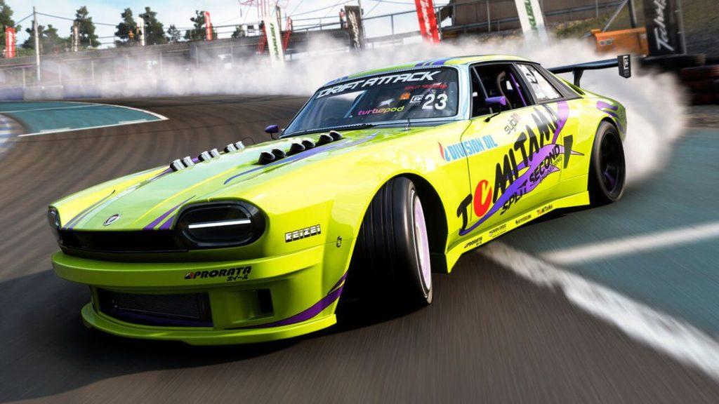 Informe-regio-forza-horizon-6-novedadesjpg - Informe Regio Neon yellow race car drifts around a track exhaust smoke billowing from the rear tires sponsor logos visible on the body Informe Regio