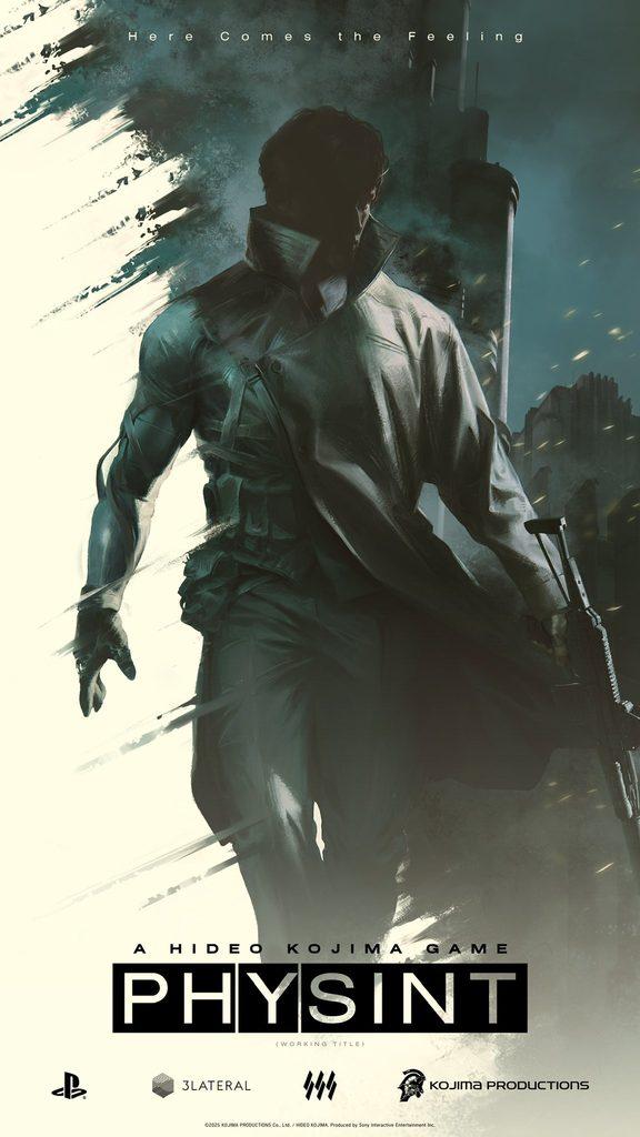 Promotional poster for a Hideo Kojima game showing a figure in a trench coat amid a smoky cityscape with Here Comes the Feeling at the top and PHYSINT at the bottom   Informe Regio