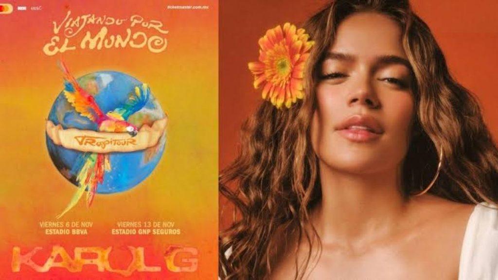 Split image left side shows a bright orange concert poster with a blue globe and colorful feathers right side shows a close up portrait of Karol G with a yellow flower in her hair   Informe Regio