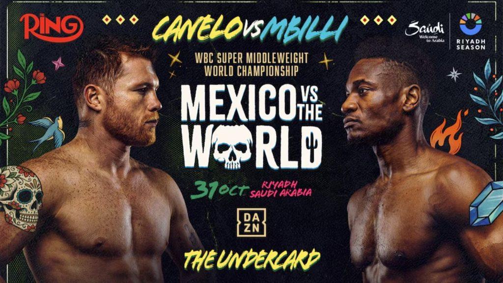 Promotional poster for WBC super middleweight title two fighters facing off Mexico vs the World skull motif Riyadh event with DAZN   Informe Regio