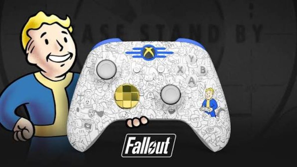 Informe-regio-fallout-control-xbox-minecraftjpg - Informe Regio Vault Boy character beside a white Fallout themed Xbox controller covered in doodles with a Vault Tec logo and the Fallout text below Informe Regio
