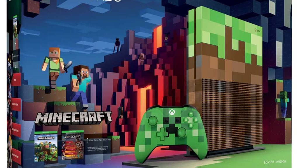 Informe-regio-minecraft-exclusivo-falloutjpg - Informe Regio Minecraft themed Xbox console and green controller on a blocky pixelated stage with Creeper block tower in background demo games visible Informe Regio