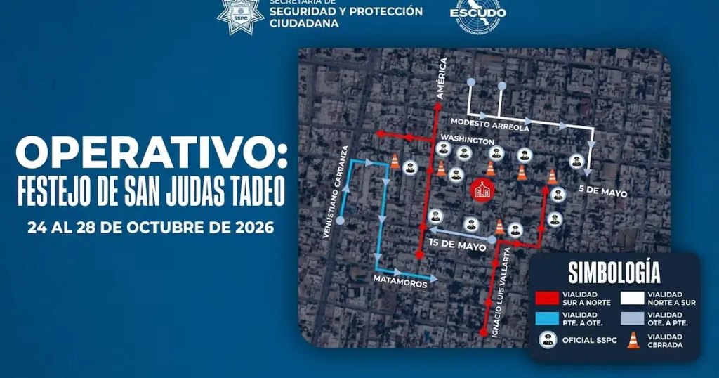 Promotional poster for San Judas Tadeo celebration Oct 2428 2026 with a city map and route legends on the right   Informe Regio