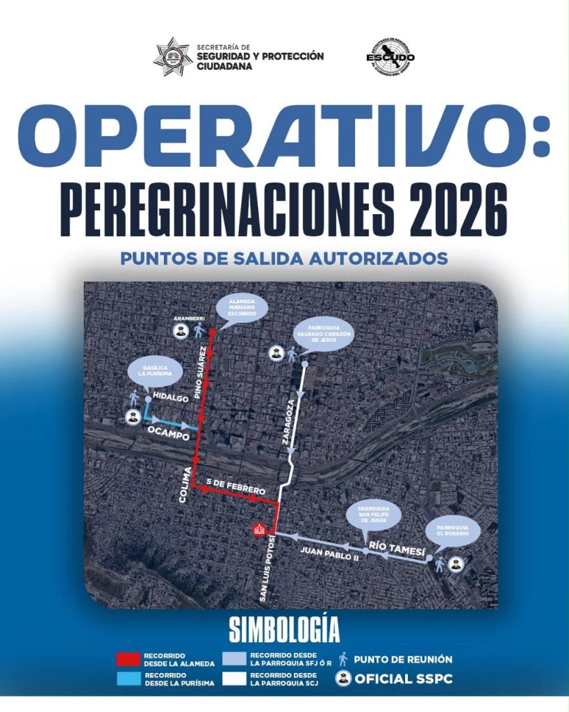 Informe-regio-peregrinaciones-2026-monterrey - Informe Regio Poster for Operativo Peregrinaciones 2026 showing a map of authorized departure points and routes with parish icons Informe Regio